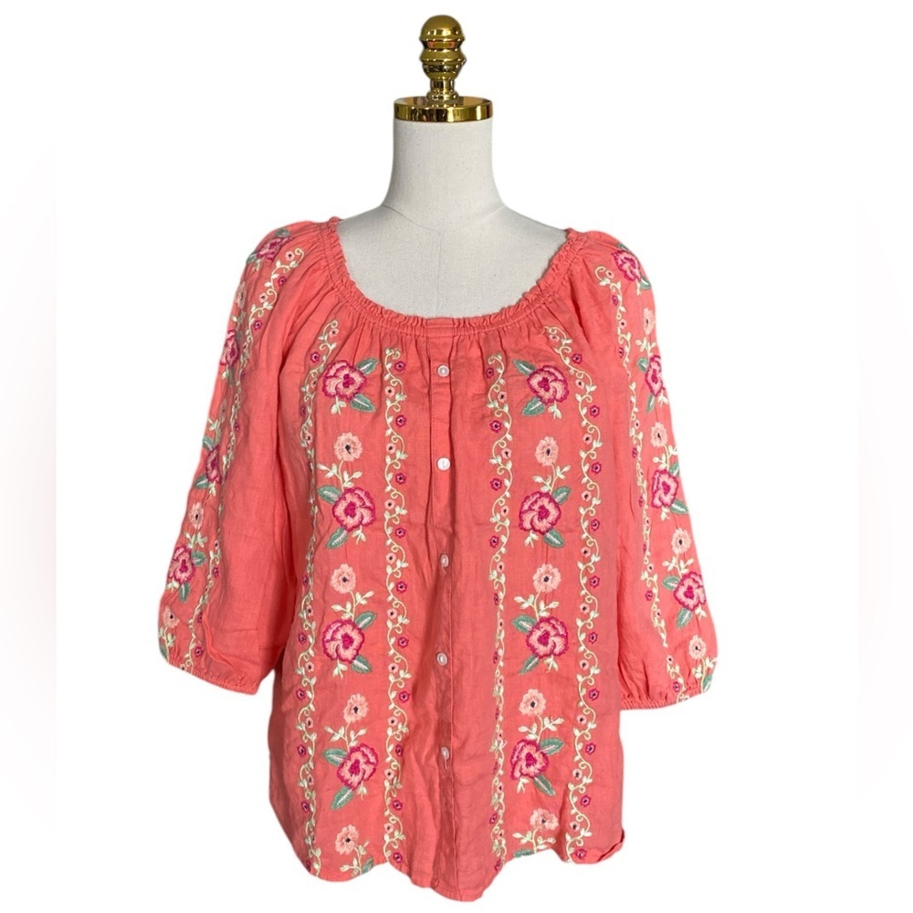 100% LINEN PEASANT 3/4 SLEEVES FLORAL EMBROIDERED WOMENS TOP SIZE L (Tags Misng)